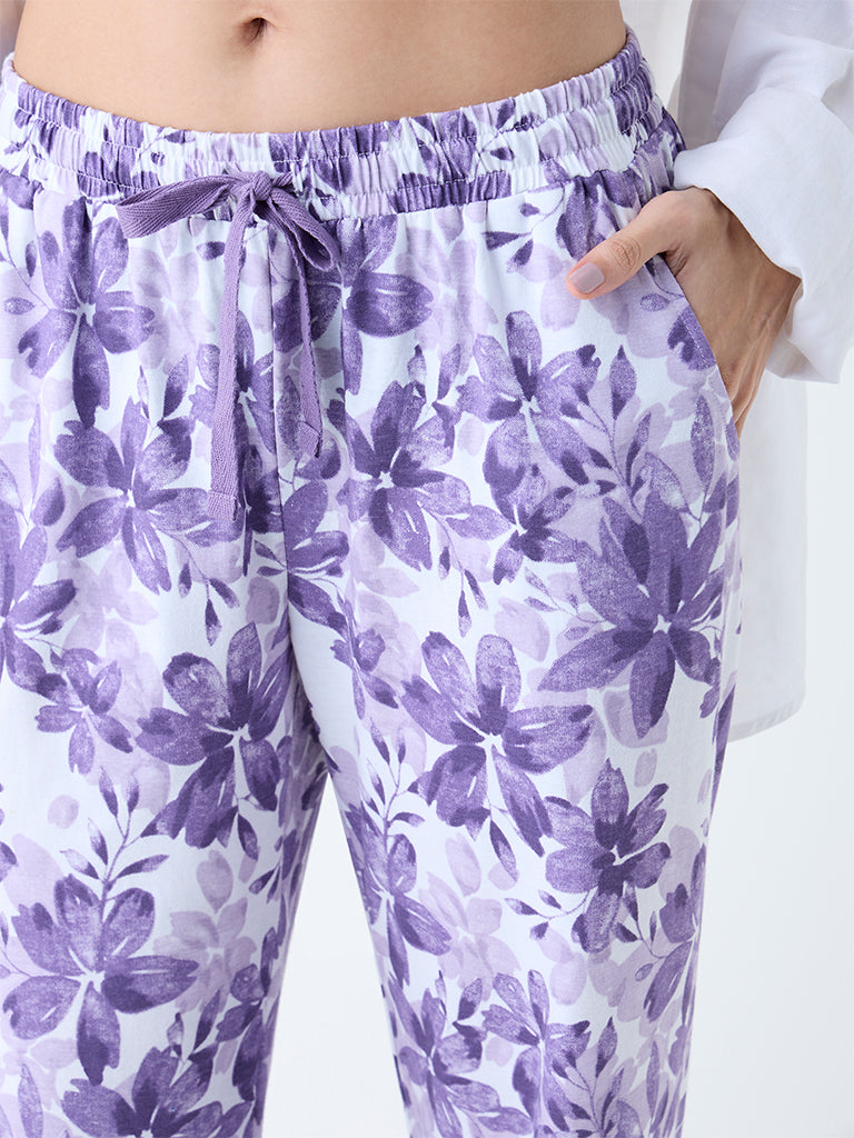 Wunderlove Purple Floral Design High-Rise Cotton Lounge Pants