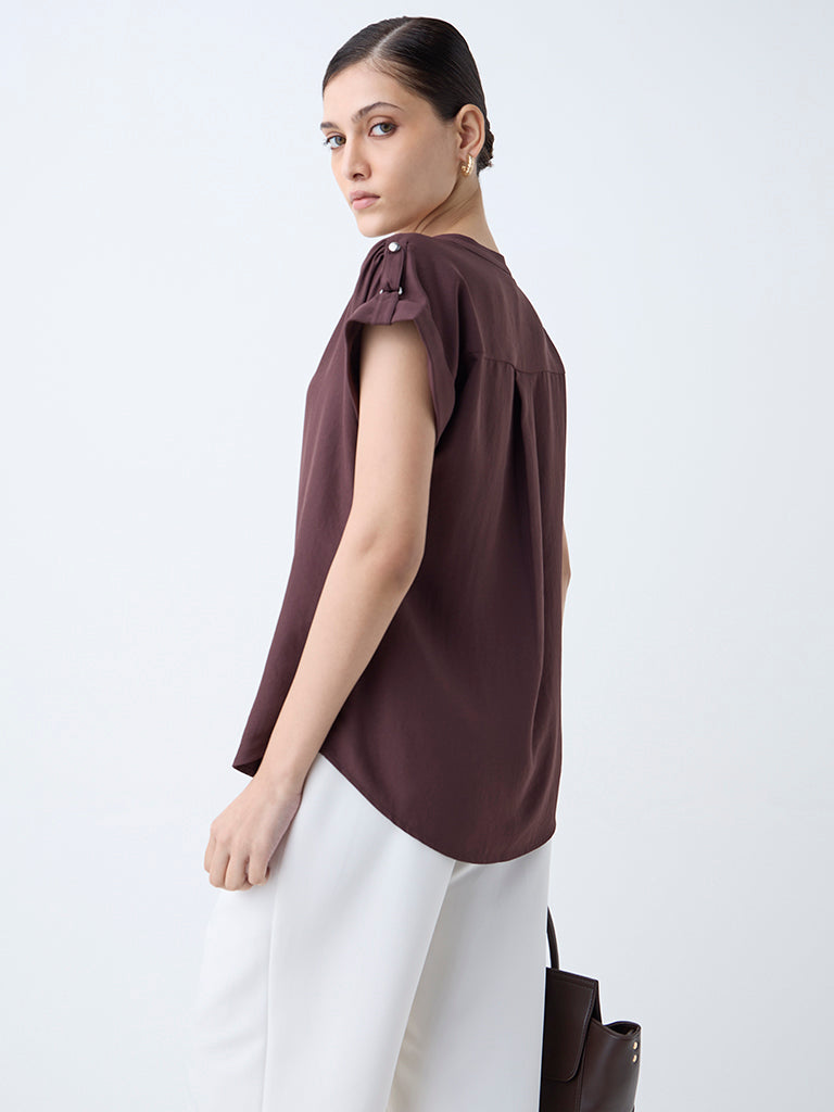 Westside Wardrobe Women's Dark Brown Solid Shirt for Work Wear Back View