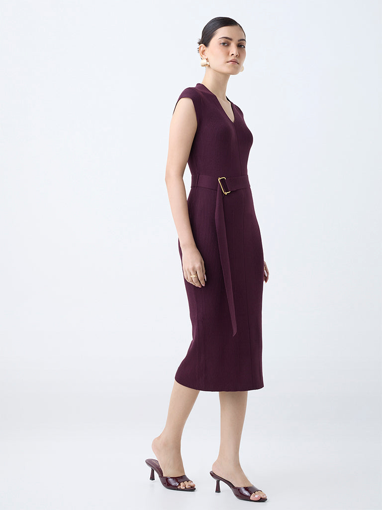 Wardrobe Wine Ribbed-Textured Bodycon Dress with Belt