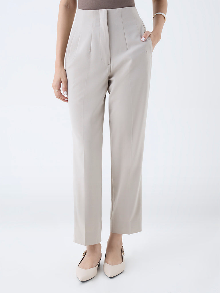 Wardrobe Beige Solid High-Rise Trousers