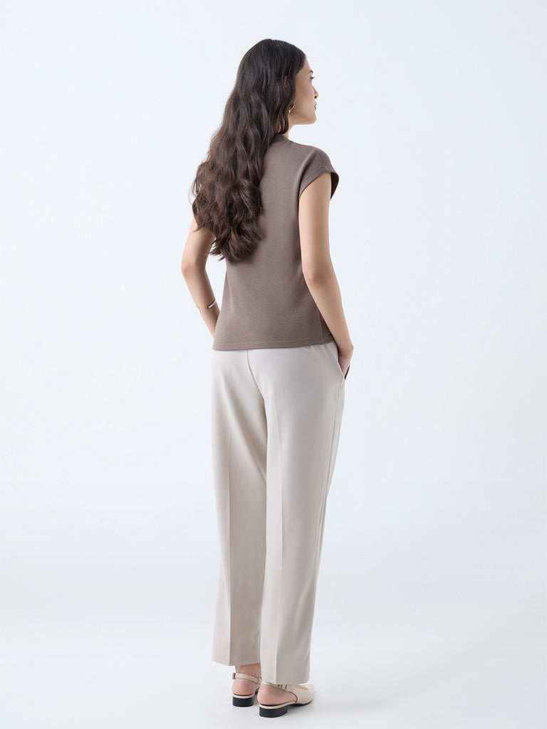 Wardrobe Beige Solid High-Rise Trousers