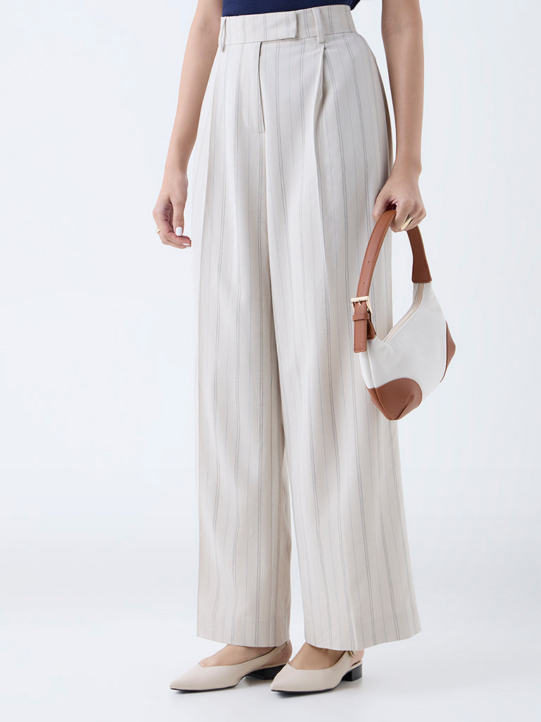 Wardrobe Beige Pinstriped High-Rise Trousers