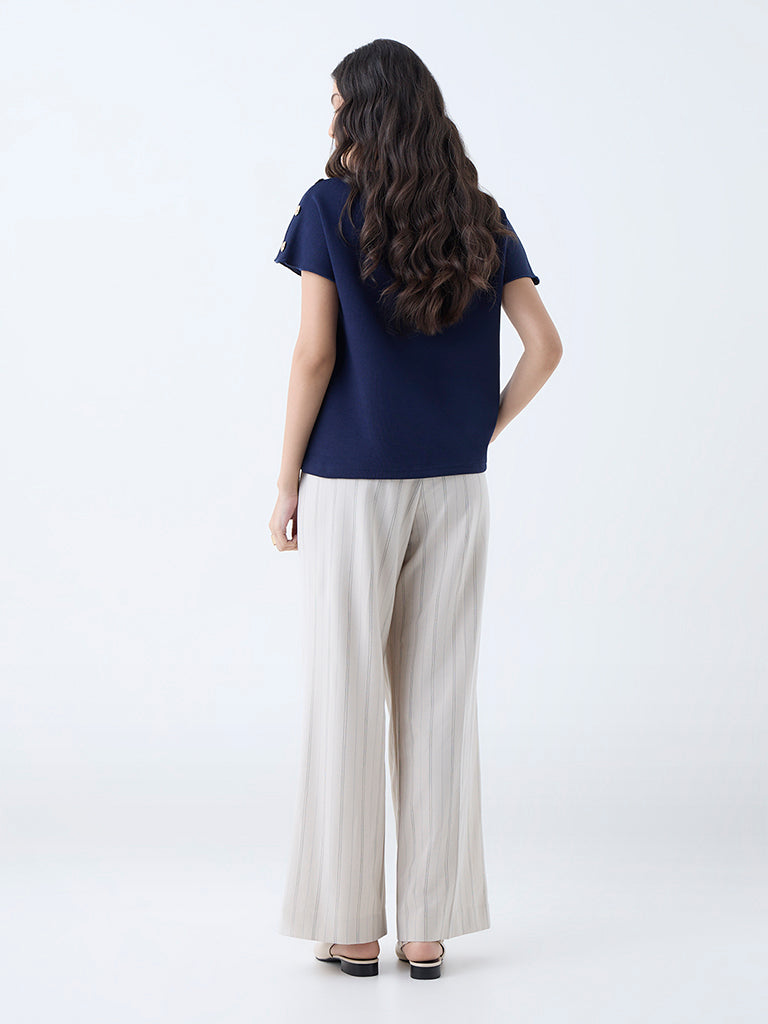 Wardrobe Beige Pinstriped High-Rise Trousers