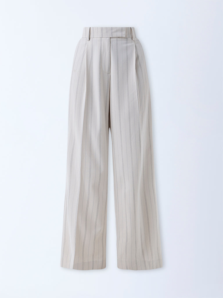 Wardrobe Beige Pinstriped High-Rise Trousers