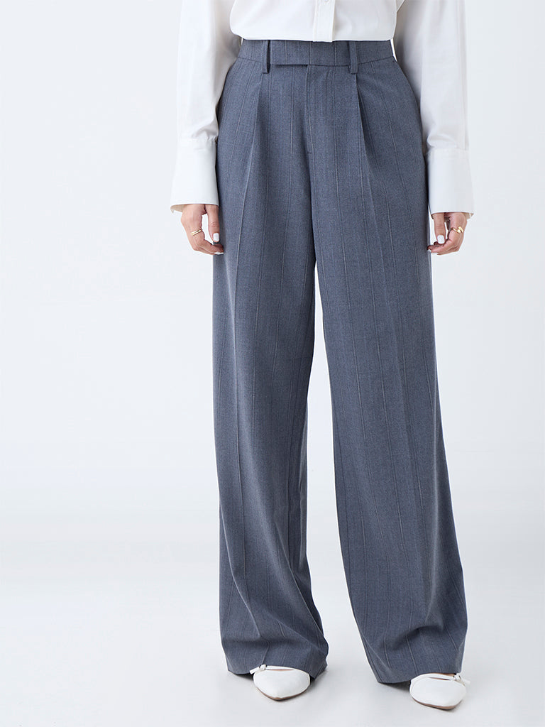 Wardrobe Grey Self-Striped High-Rise Trousers