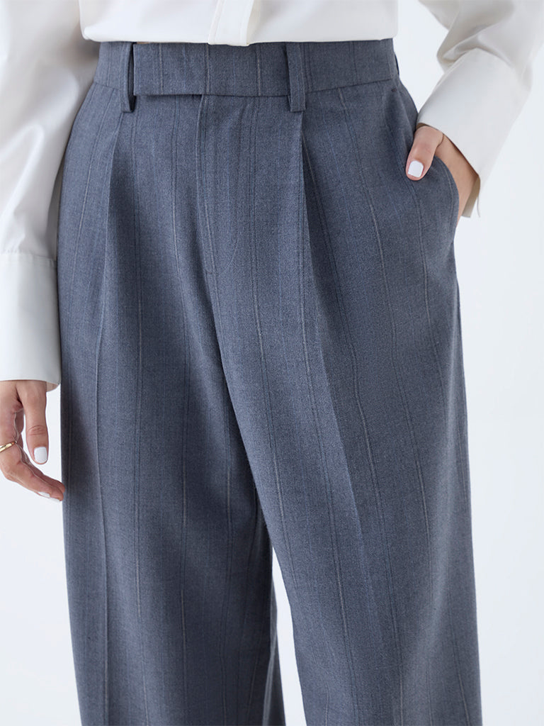 Wardrobe Grey Self-Striped High-Rise Trousers