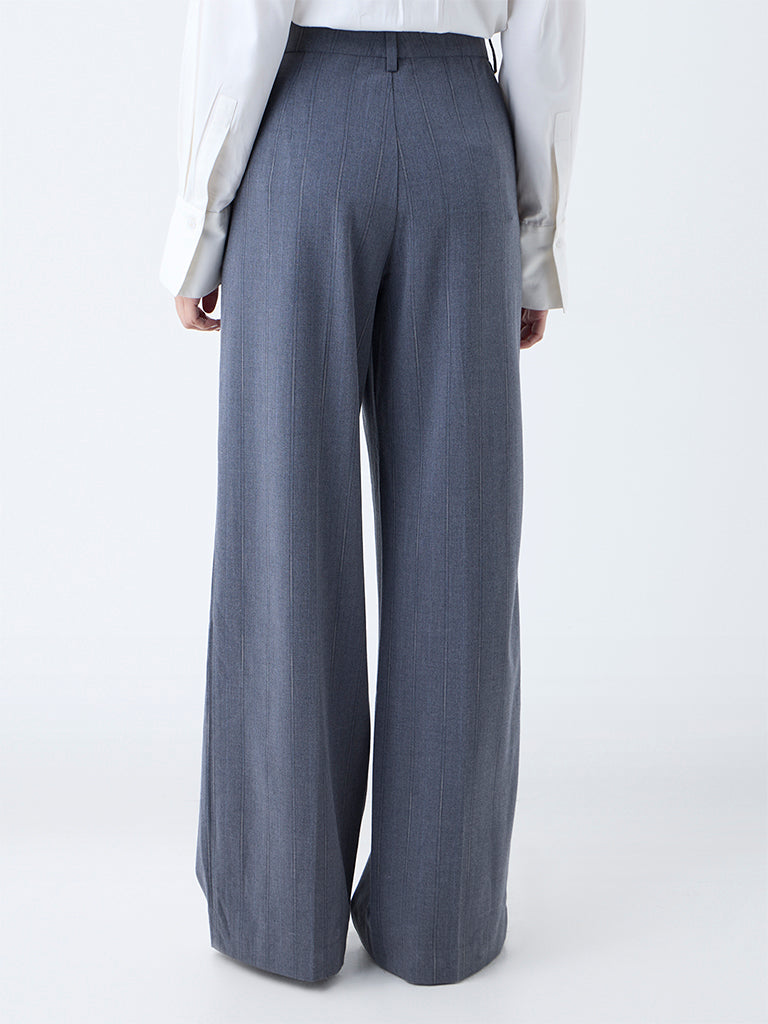 Wardrobe Grey Self-Striped High-Rise Trousers