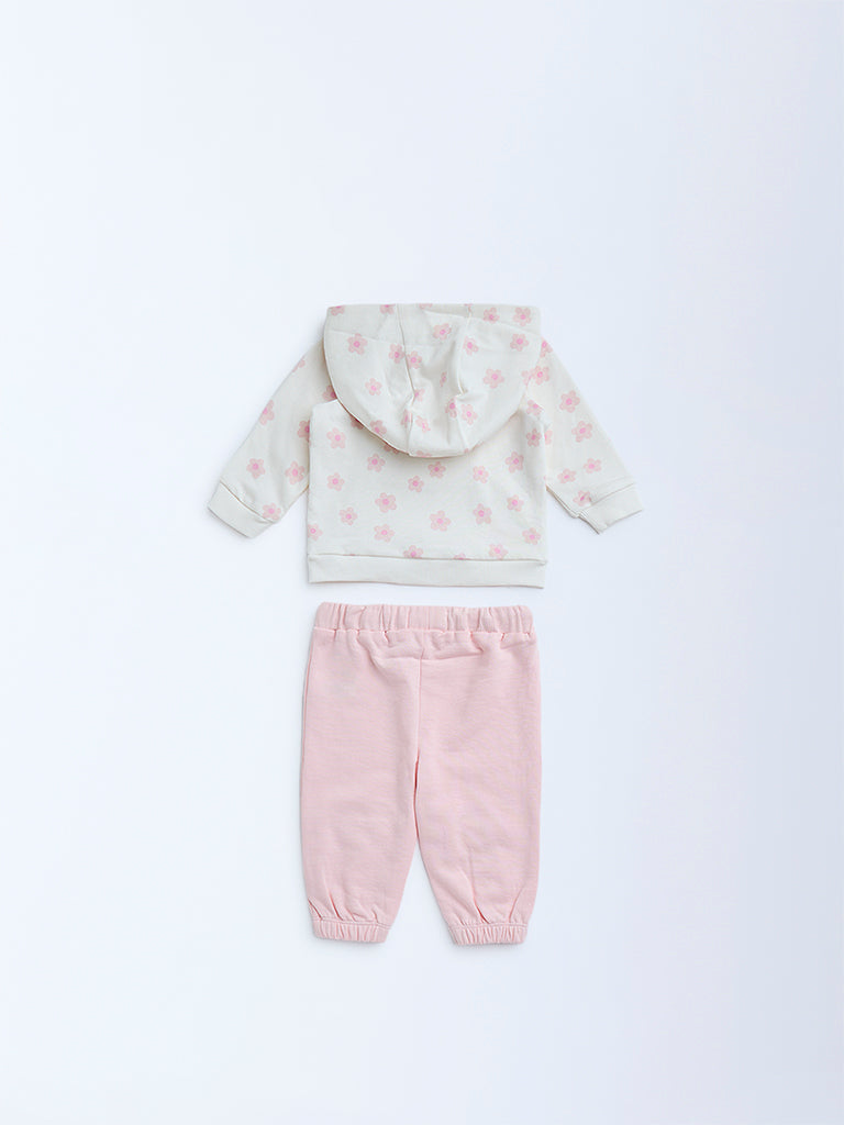 HOP Baby Pink Floral Design Cotton Sweatshirt with Joggers Set