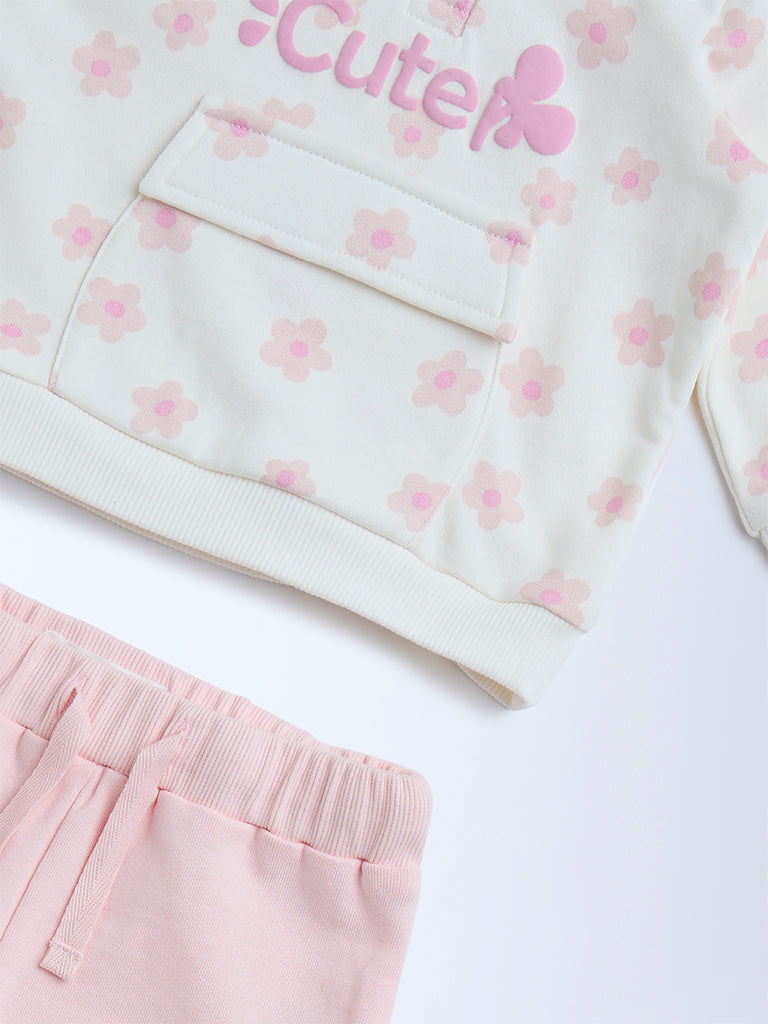 HOP Baby Pink Floral Design Cotton Sweatshirt with Joggers Set