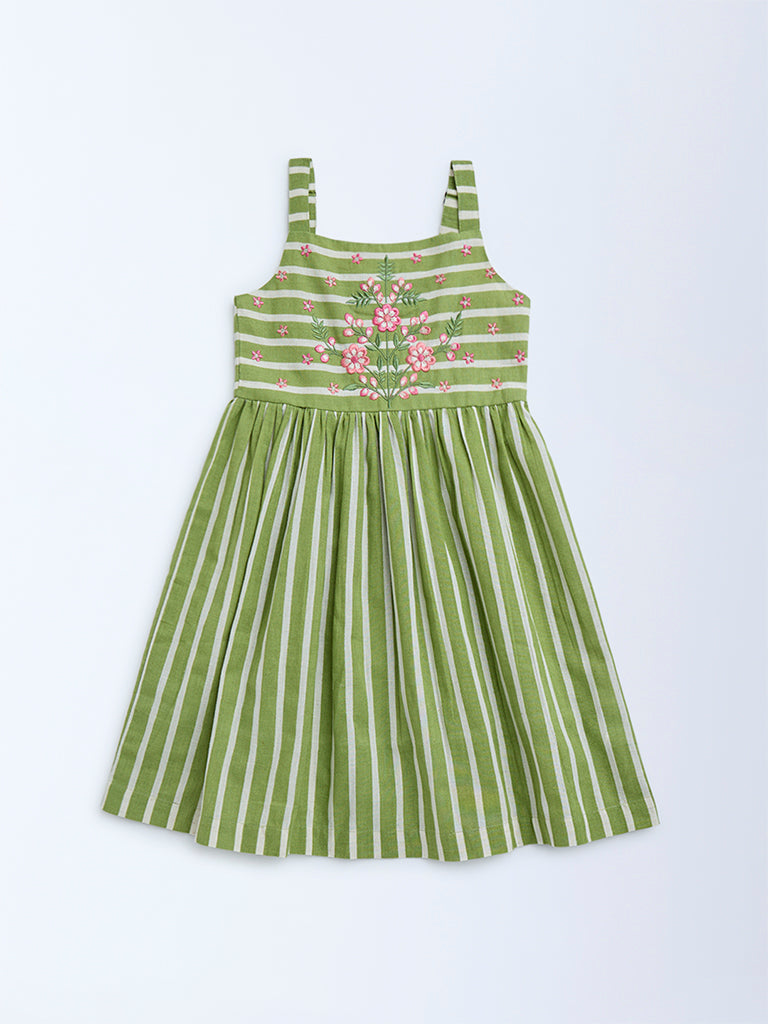 Utsa Kids Green Stripe Printed Cotton A-Line Dress - (2-8yrs)