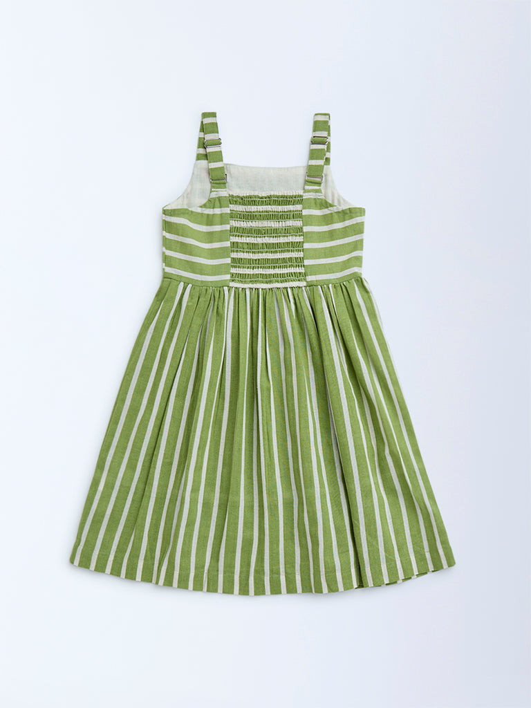 Utsa Kids Green Stripe Printed Cotton A-Line Dress - (2-8yrs)