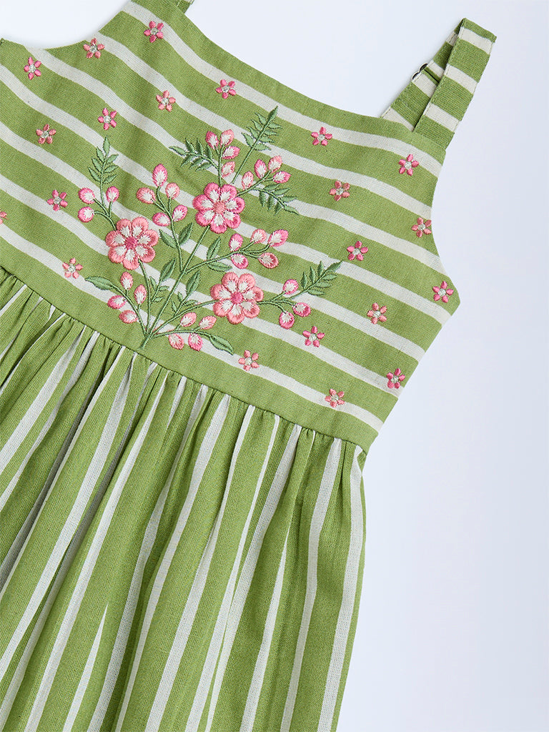 Utsa Kids Green Stripe Printed Cotton A-Line Dress - (2-8yrs)
