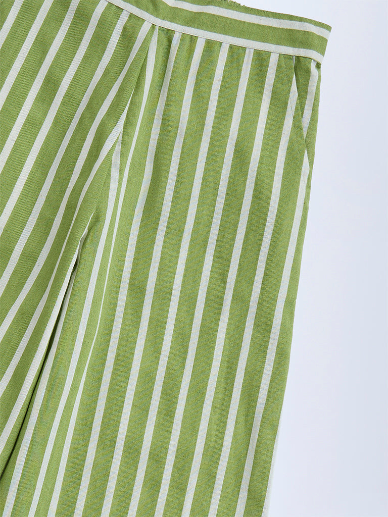 Utsa Kids Green Stripe Printed Cotton-Blend Ethnic Pants - (8-14yrs)