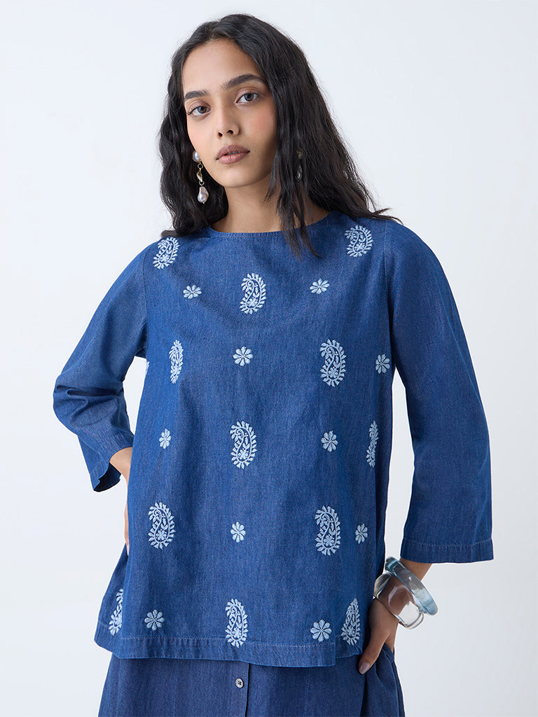 Utsa Dark Blue Paisley Embroidered Denim Ethnic Top