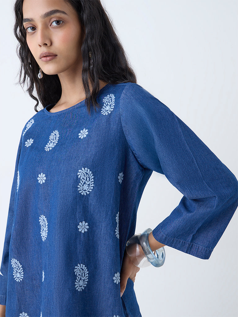 Utsa Dark Blue Paisley Embroidered Denim Ethnic Top