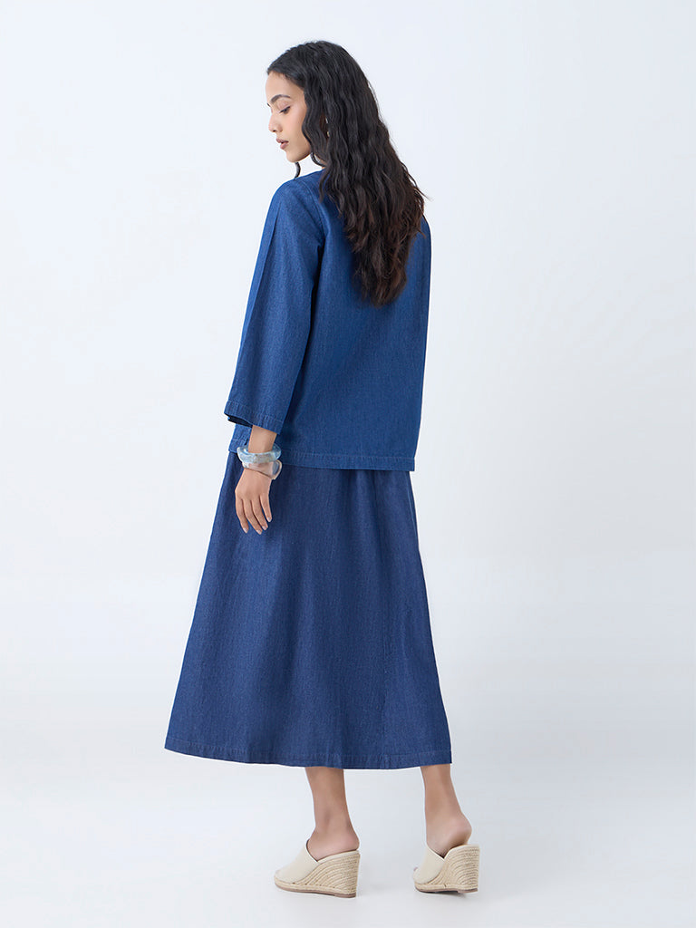 Utsa Dark Blue Paisley Embroidered Denim Ethnic Top