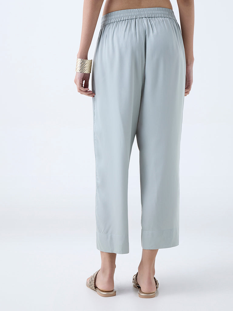 Westside Zuba Women's Light Blue Solid Ethnic Pants for Work Wear Back View