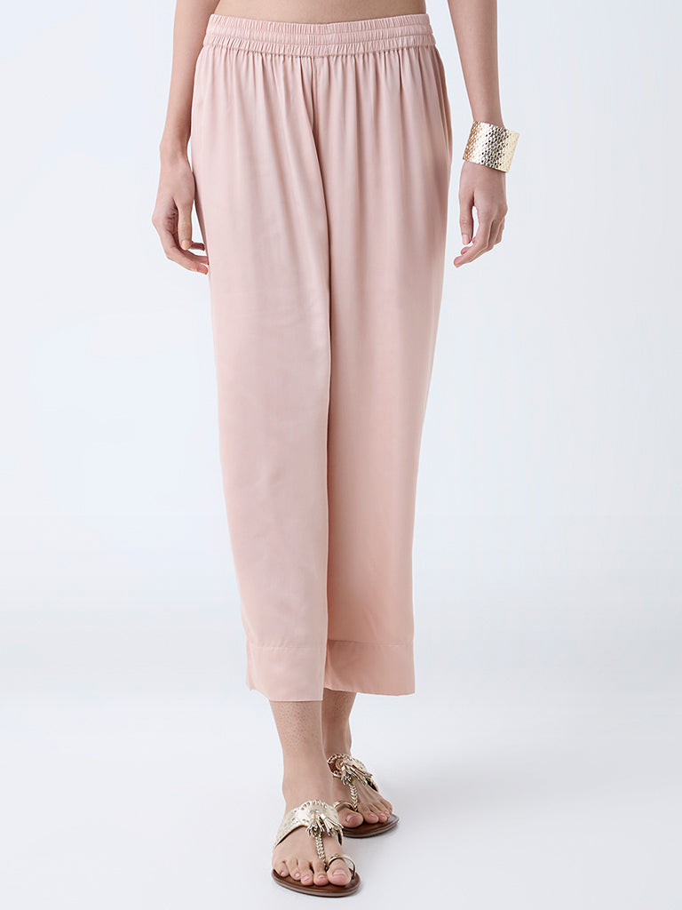 Westside Zuba Women's Dusty Pink Solid Ethnic Pants for Work Wear Front View