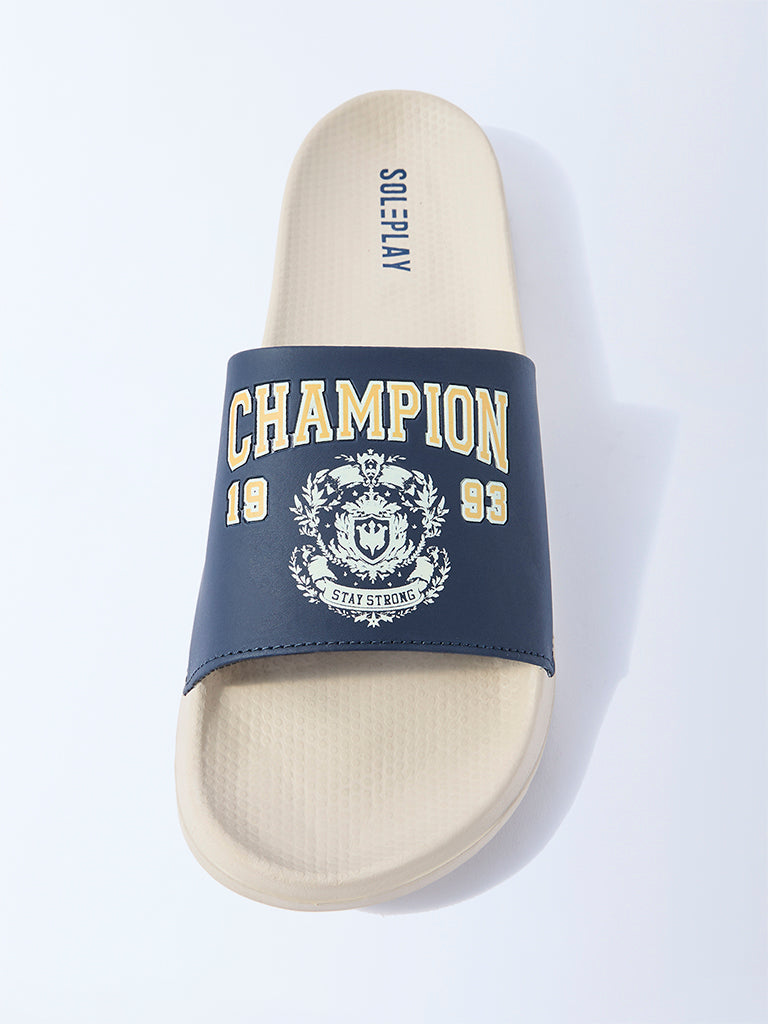 Westside SOLEPLAY Men's Navy Text Detailed Pool Slides for Casual Wear Top View