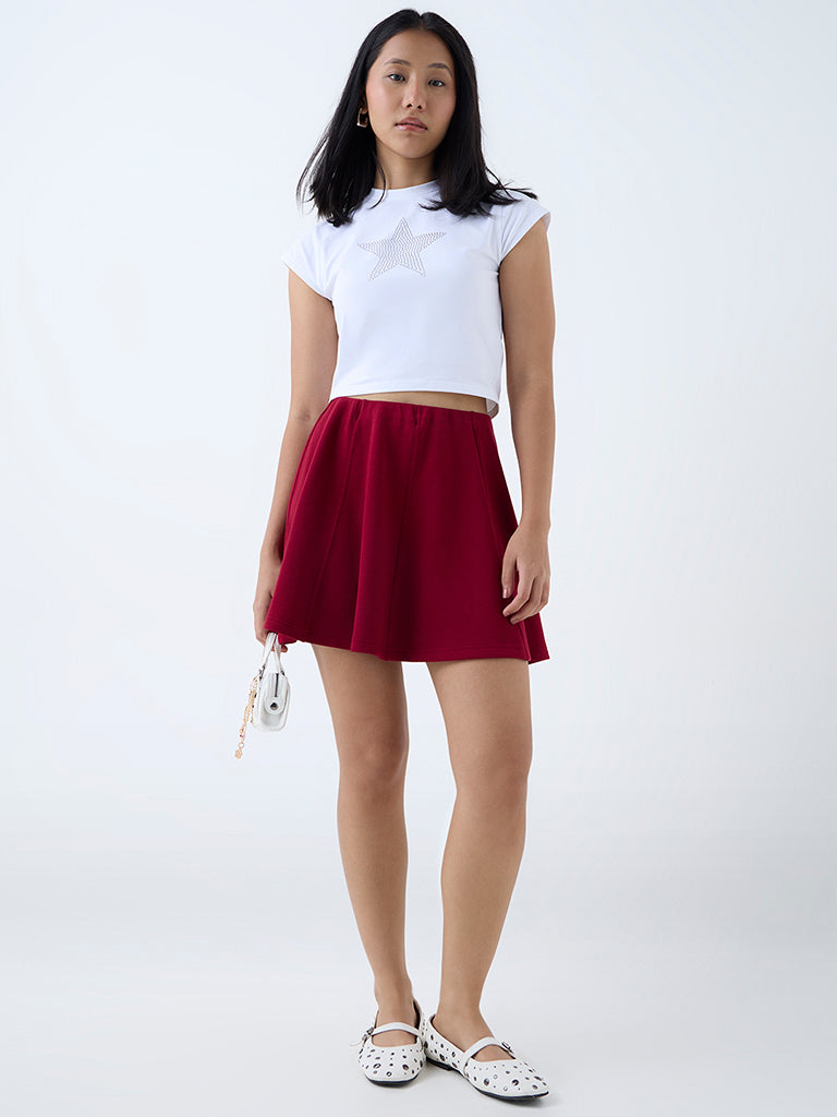 Westside Nuon Women's Red Solid High-Rise Skirt for Casual Wear Full View