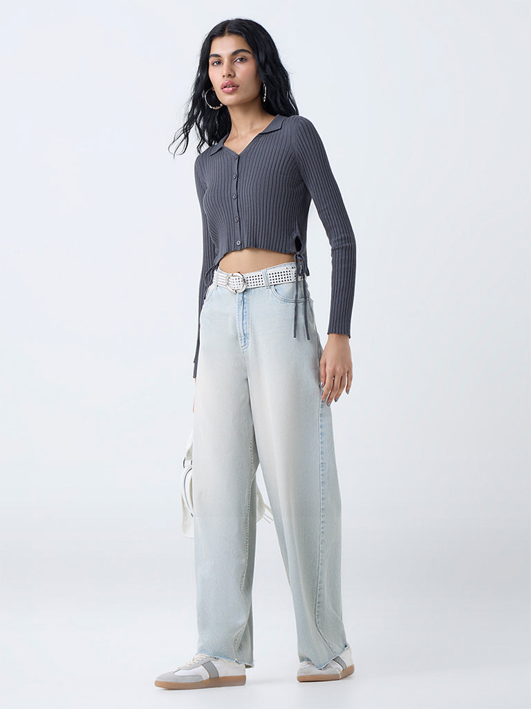 Nuon Dark Grey Self-Striped Top