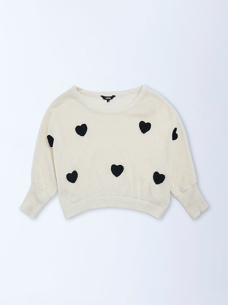 Nuon Off-White Heart Embroidered Cotton Sweater