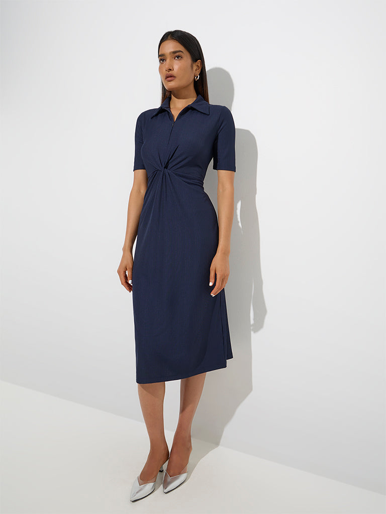 Westside Wardrobe Women's Navy Knot-Detailed A-Line Dress for Work Wear Full View