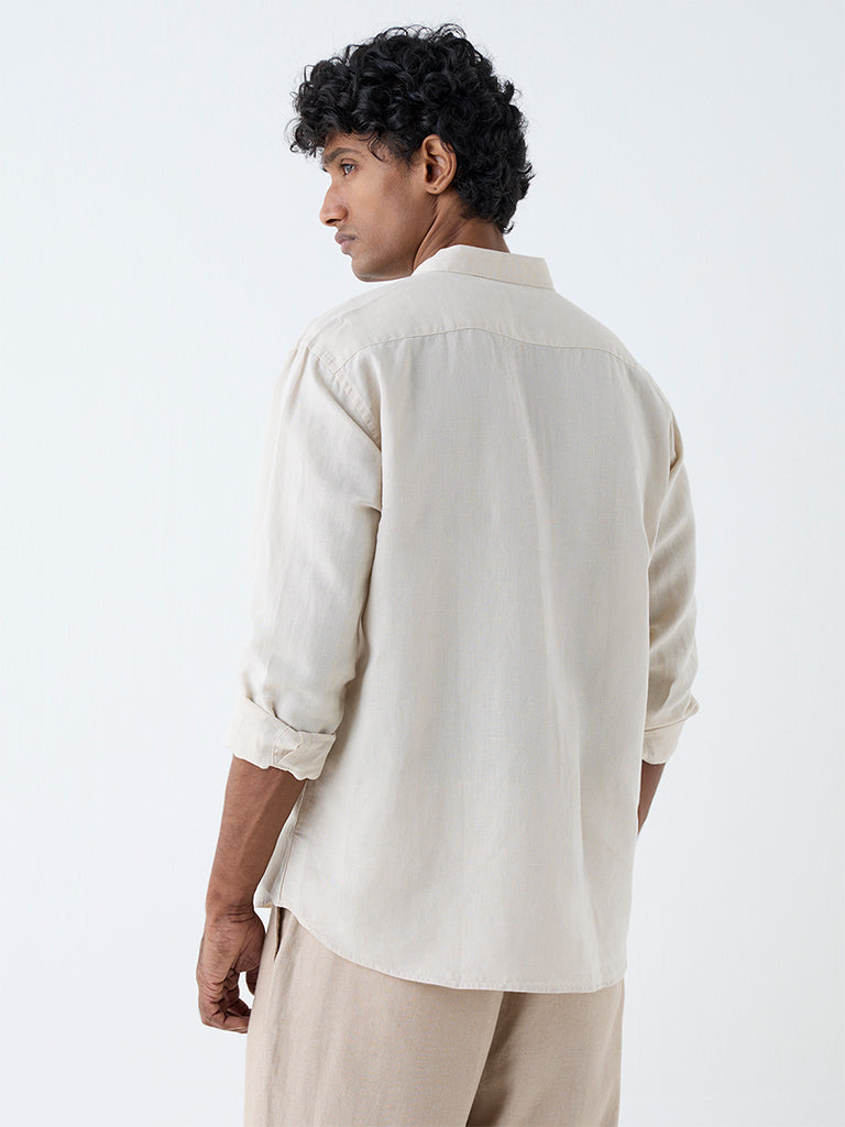 Westside Ascot Men's Beige Solid Relaxed-Fit Linen-Blend Shirt for Casual Wear Back View