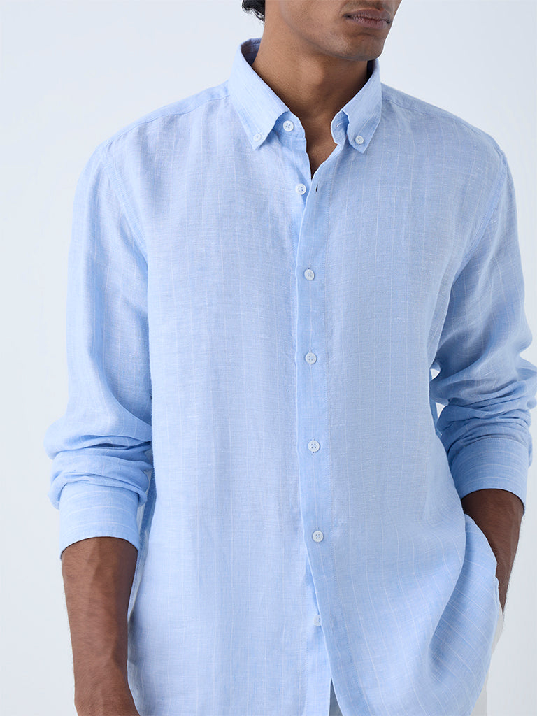 Westside Ascot Men's Blue Striped Relaxed-Fit Linen Shirt for Casual Wear Zoomed View