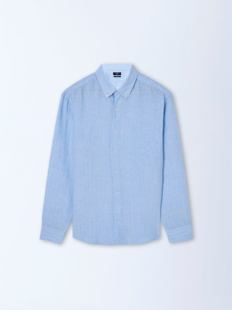 Westside Ascot Men's Blue Striped Relaxed-Fit Linen Shirt for Casual Wear Flatly