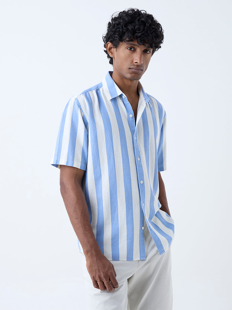 Westside Ascot Men's Blue Stripe Pattern Relaxed-Fit Shirt for Casual Wear Front View
