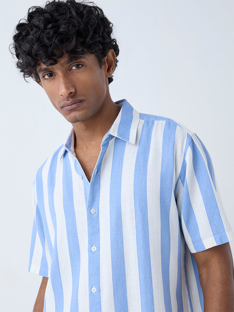 Westside Ascot Men's Blue Stripe Pattern Relaxed-Fit Shirt for Casual Wear Zoomed View
