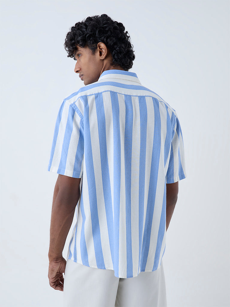 Westside Ascot Men's Blue Stripe Pattern Relaxed-Fit Shirt for Casual Wear Back View