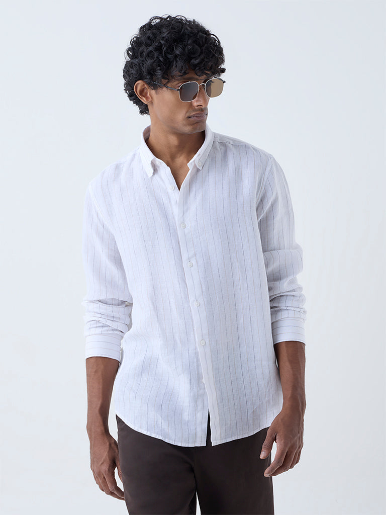 Westside Ascot Men's White Striped Relaxed-Fit Cotton Shirt for Casual Wear Front View