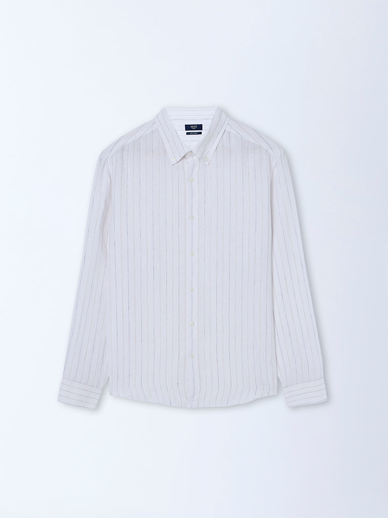 Westside Ascot Men's White Striped Relaxed-Fit Cotton Shirt for Casual Wear Flatly