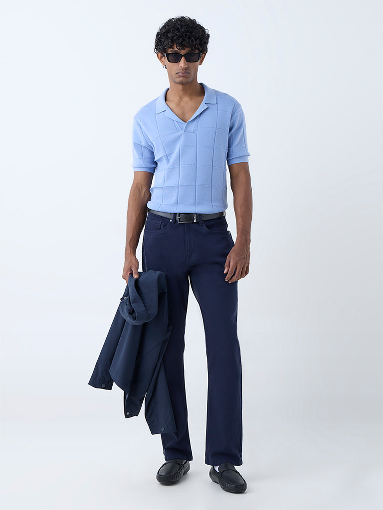 Westside Ascot Men's Blue Checkered Relaxed-Fit Cotton-Blend T-Shirt for Casual Wear Full View