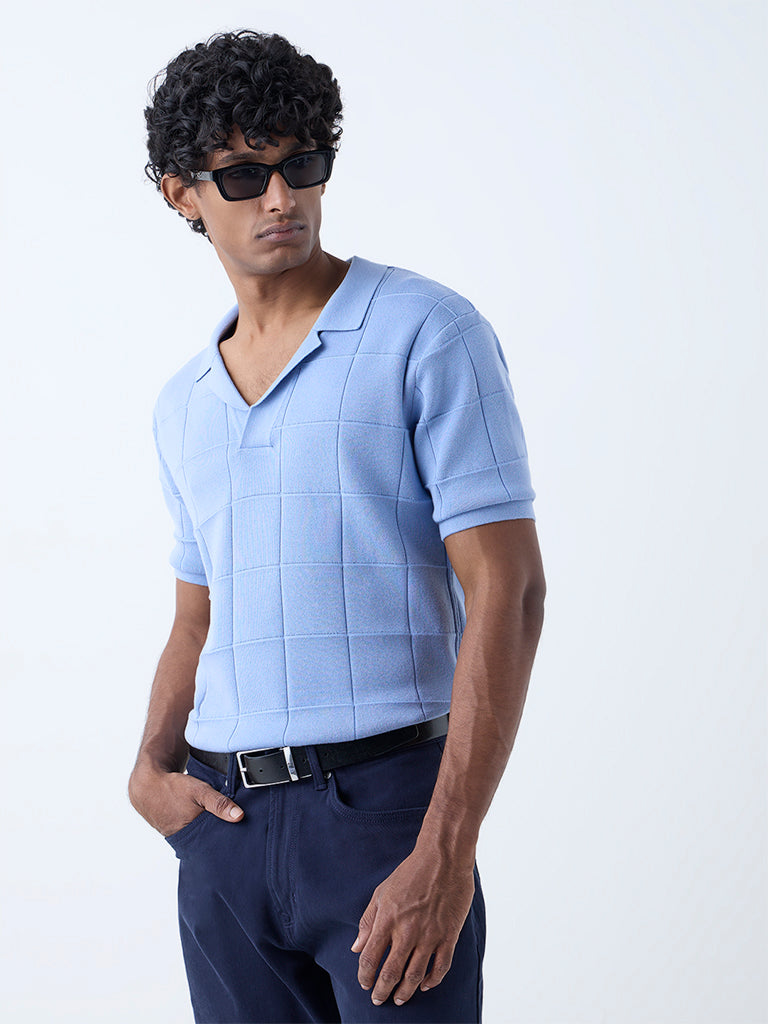 Westside Ascot Men's Blue Checkered Relaxed-Fit Cotton-Blend T-Shirt for Casual Wear Front View