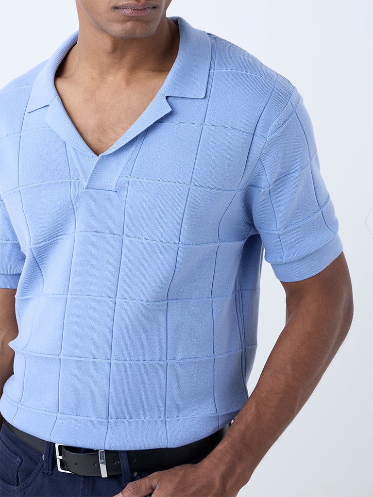 Westside Ascot Men's Blue Checkered Relaxed-Fit Cotton-Blend T-Shirt for Casual Wear Zoomed View
