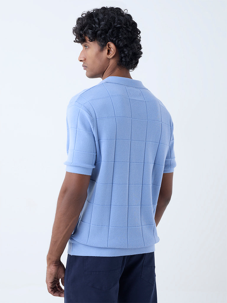 Westside Ascot Men's Blue Checkered Relaxed-Fit Cotton-Blend T-Shirt for Casual Wear Back View