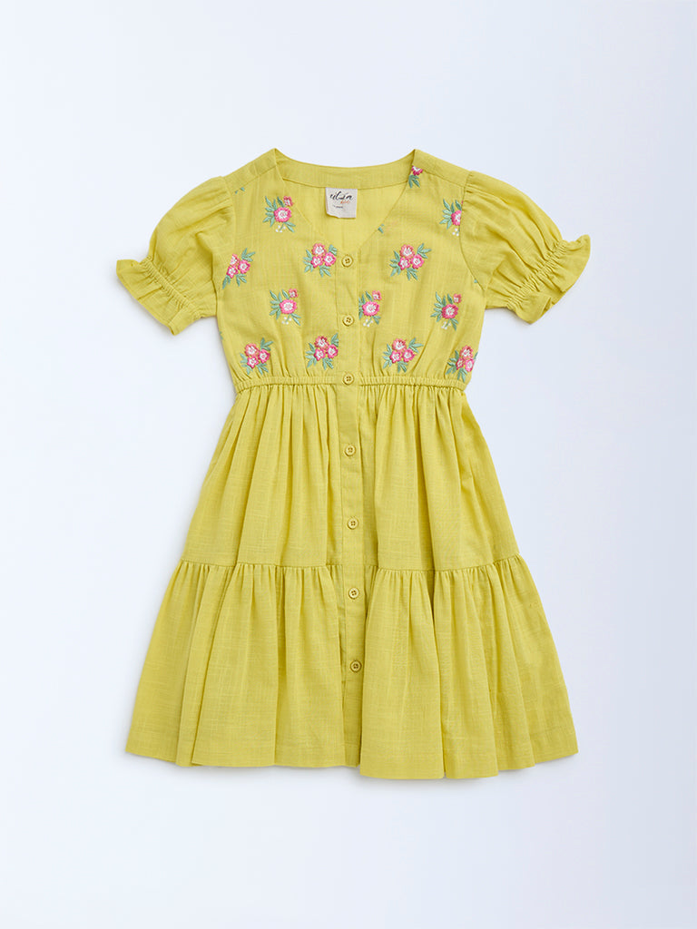 Utsa Kids Yellow Floral Embroidered Cotton Tiered Dress - (2-8yrs)