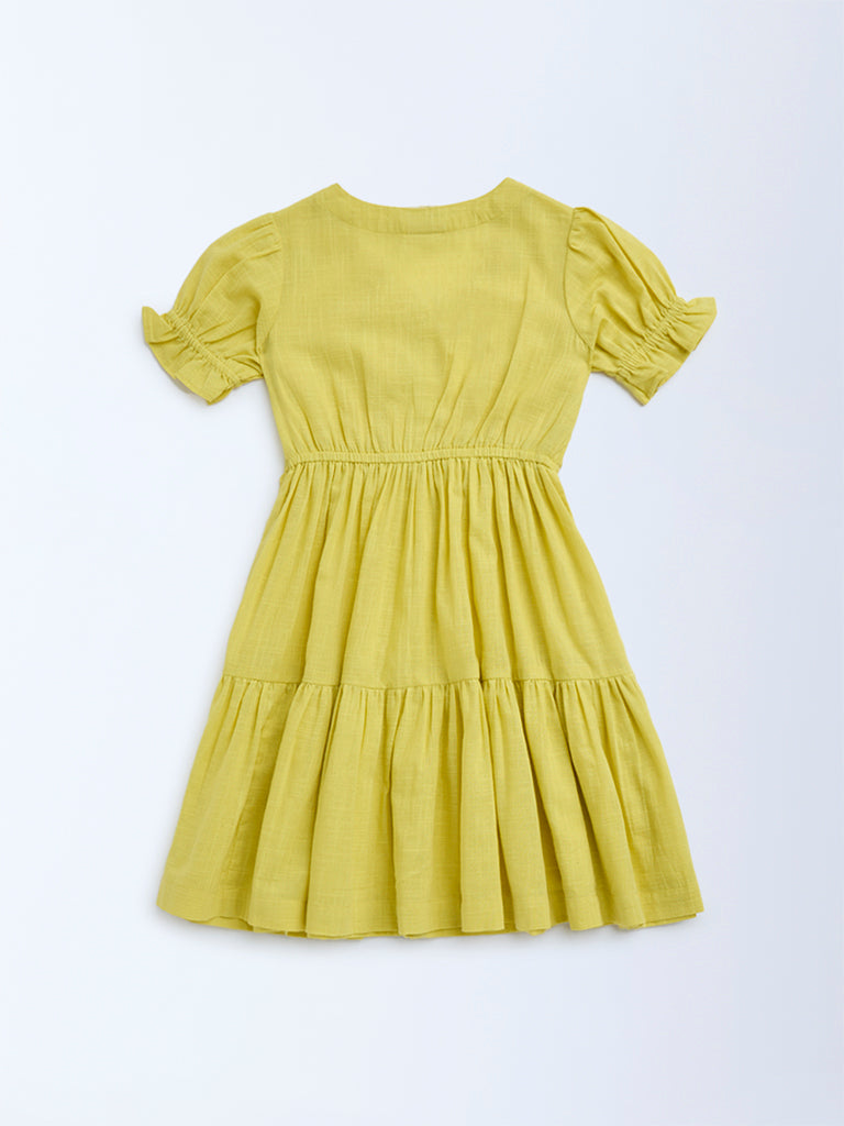 Utsa Kids Yellow Floral Embroidered Cotton Tiered Dress - (2-8yrs)
