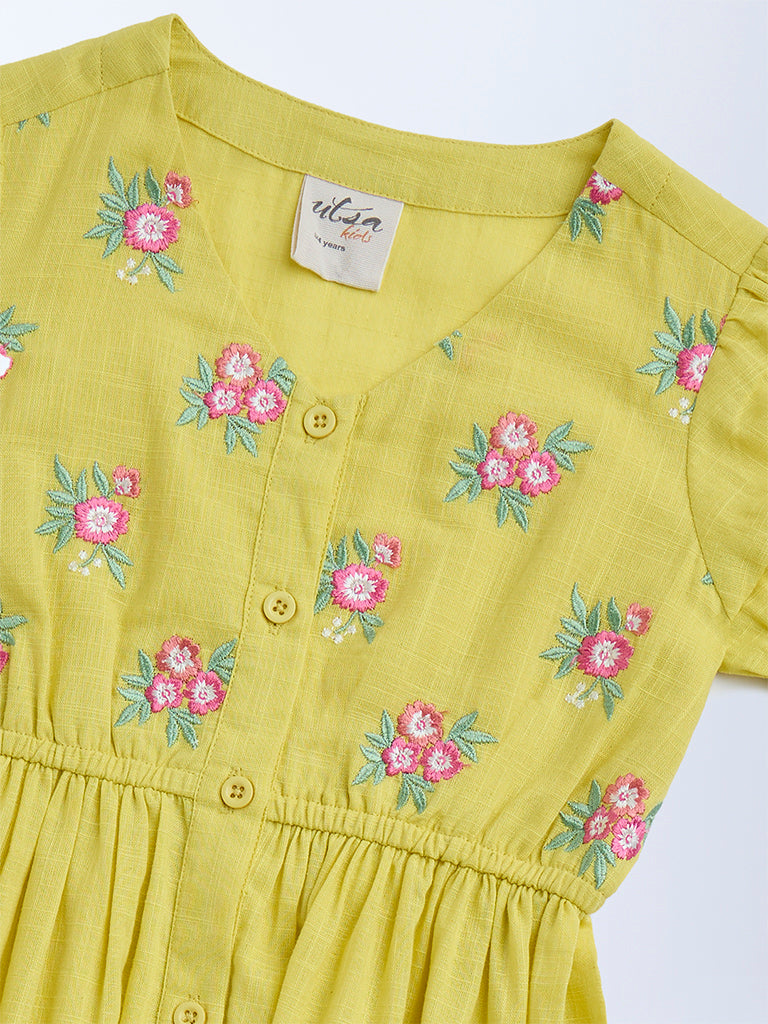 Utsa Kids Yellow Floral Embroidered Cotton Tiered Dress - (2-8yrs)