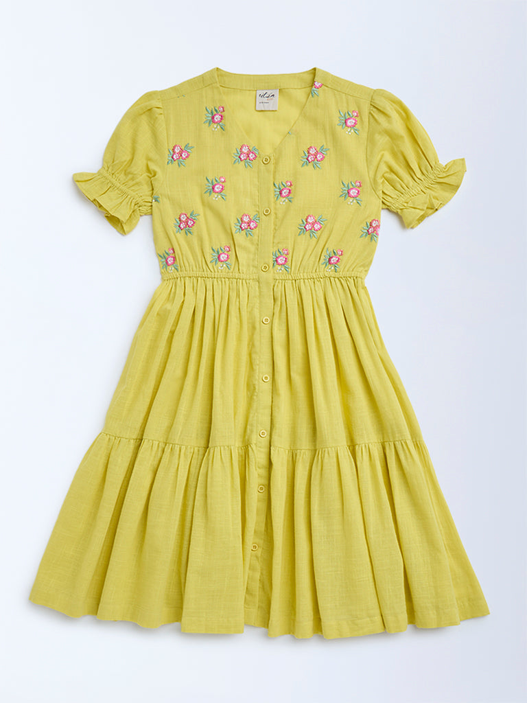 Utsa Kids Yellow Floral Embroidered Cotton Tiered Dress - (8-14yrs)