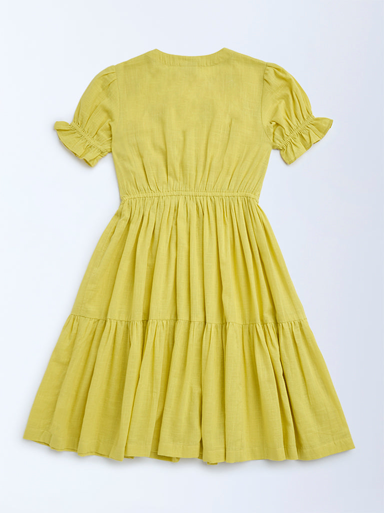 Utsa Kids Yellow Floral Embroidered Cotton Tiered Dress - (8-14yrs)