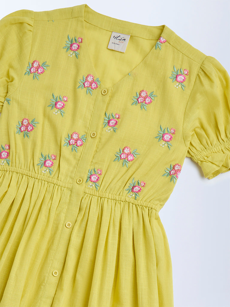 Utsa Kids Yellow Floral Embroidered Cotton Tiered Dress - (8-14yrs)