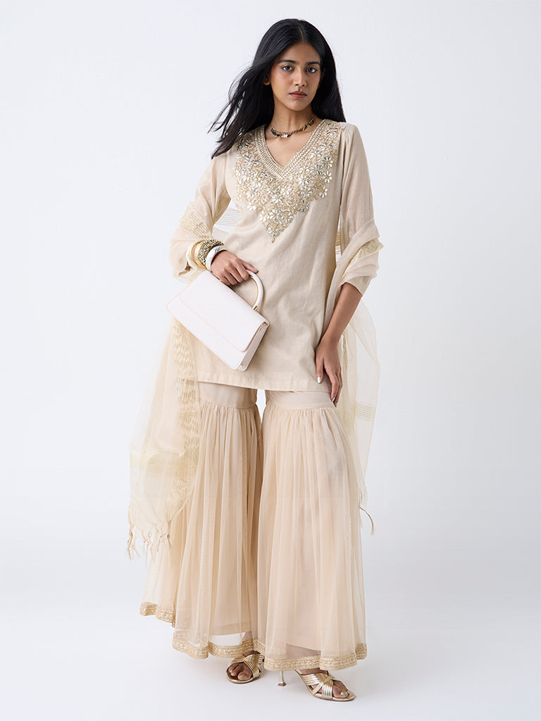 Westside Vark Women's Gold Floral Embroidered Cotton-Blend Ethnic Set for Festival Wear Full View