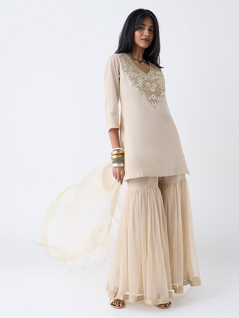 Westside Vark Women's Gold Floral Embroidered Cotton-Blend Ethnic Set for Festival Wear Front view