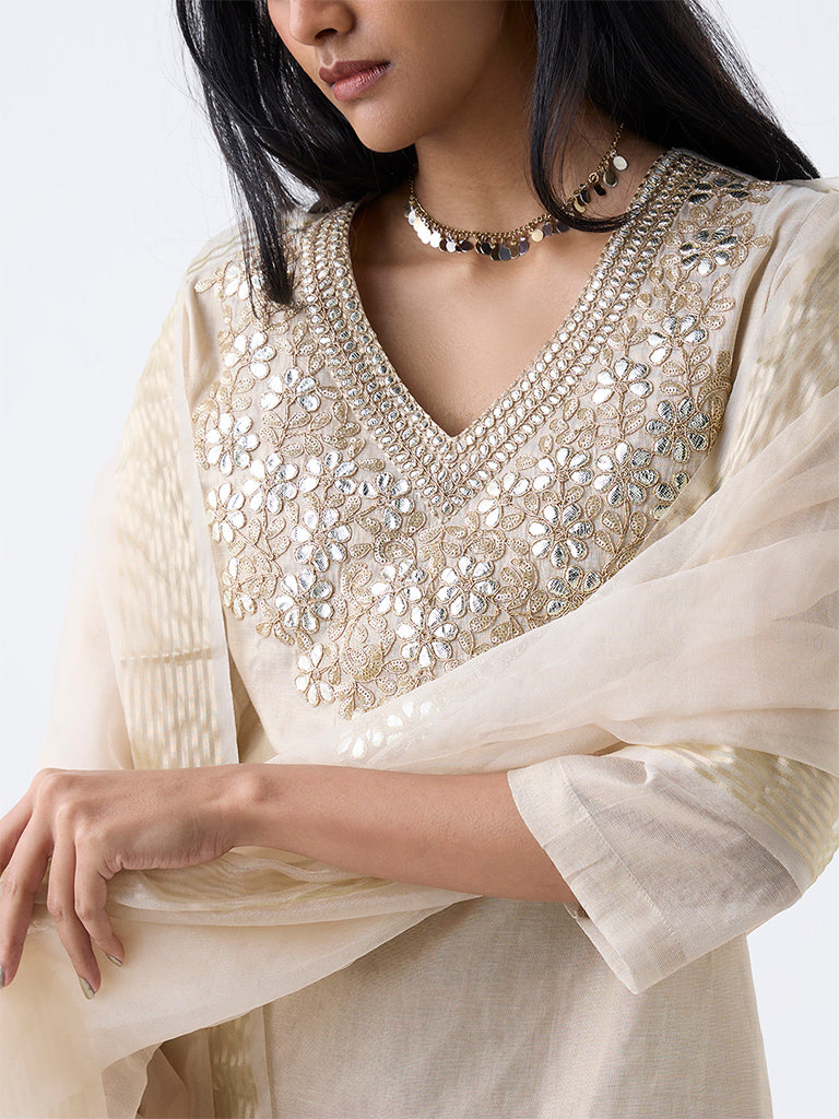 Westside Vark Women's Gold Floral Embroidered Cotton-Blend Ethnic Set for Festival Wear Zoomed View