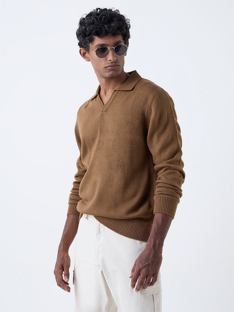 WES Casuals Brown Solid Relaxed-Fit Sweater