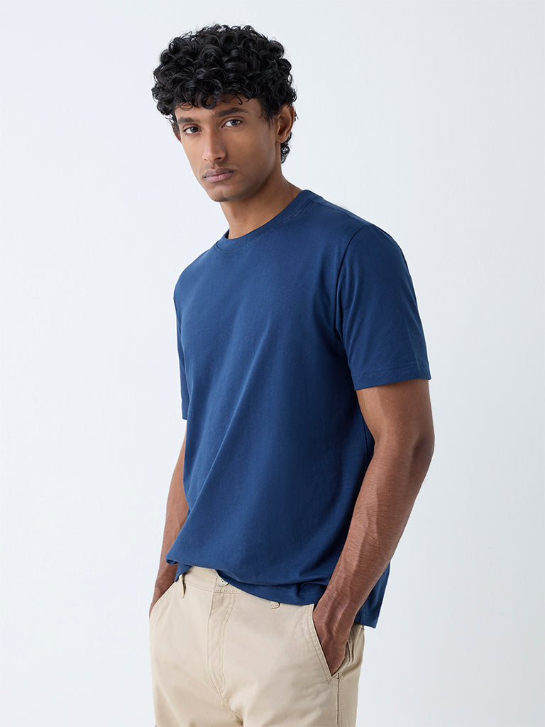 Westside WES Casuals Men's Navy Solid Slim-Fit Cotton T-Shirt for Casual Wear Front View
